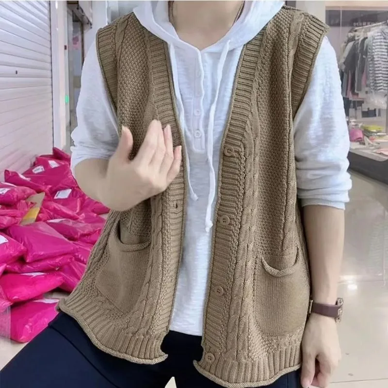 New Spring Autumn Style Artistic Retro Knitted Vest Cardigan Versatile Match Women Solid Color Loose Layer Sleeveless Waistcoat