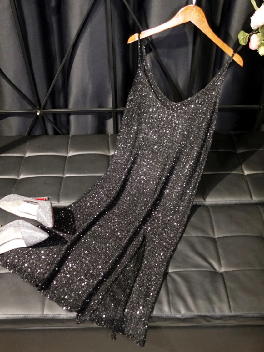 Goddess Glitter Suspender Dress European Style Double V-neck Sexy Korean Fashion Slit Gown Dresses 2022 Summer Dress New