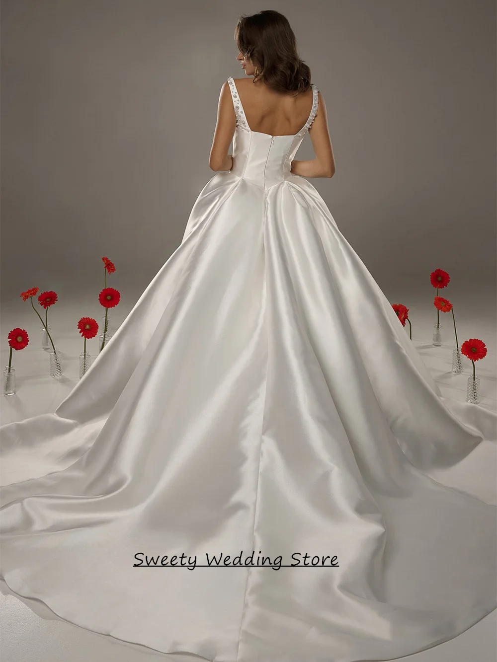 Customized Mikado Satin Wedding Dress Modern Sweetheart Sleeveless Pearls Pleat Draped Skirt A Line Bridal Gown for Bride