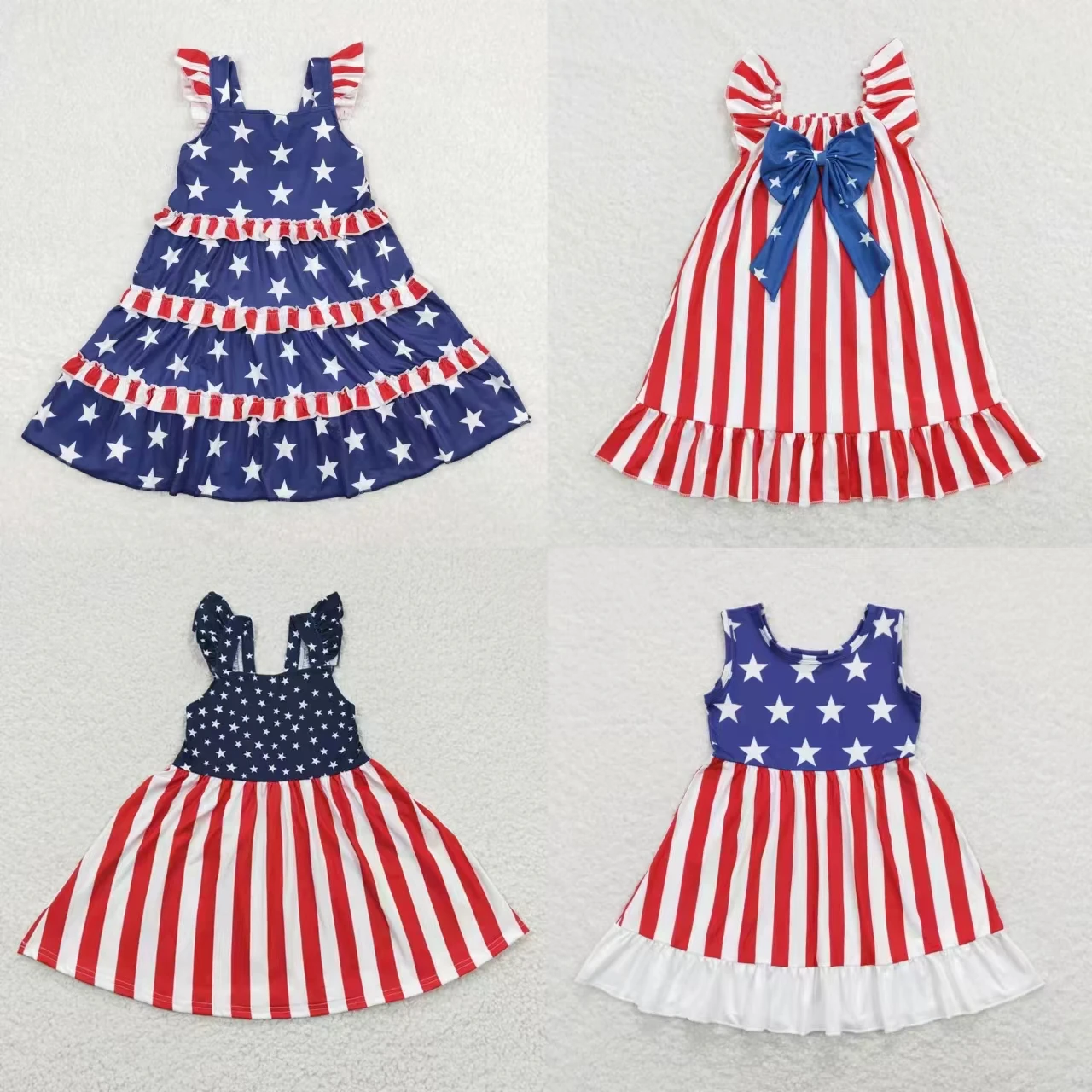 Wholesale Infant July 4th Summer Kids Baby Girl Sleeveless Stars Stripes Dress Children Toddler Independence Day Clothes