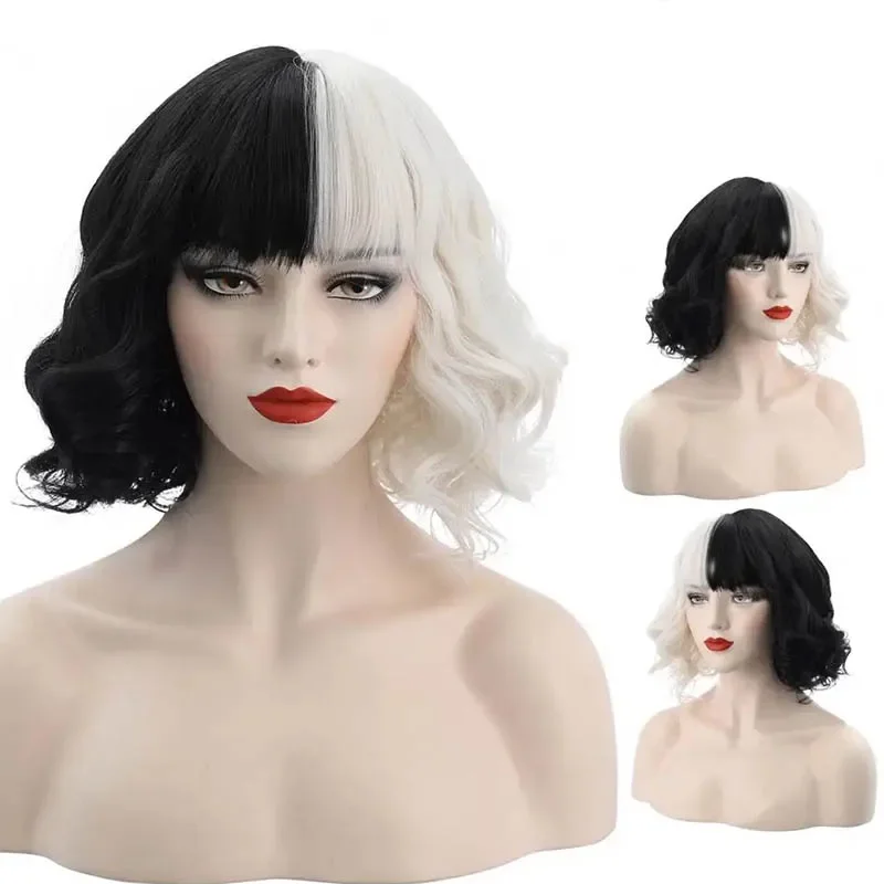 Evil Madame Cruella De Vil Cosplay Wig Women Black White Wig Short Curly Afro Wigs Halloween Cosplay Accessories