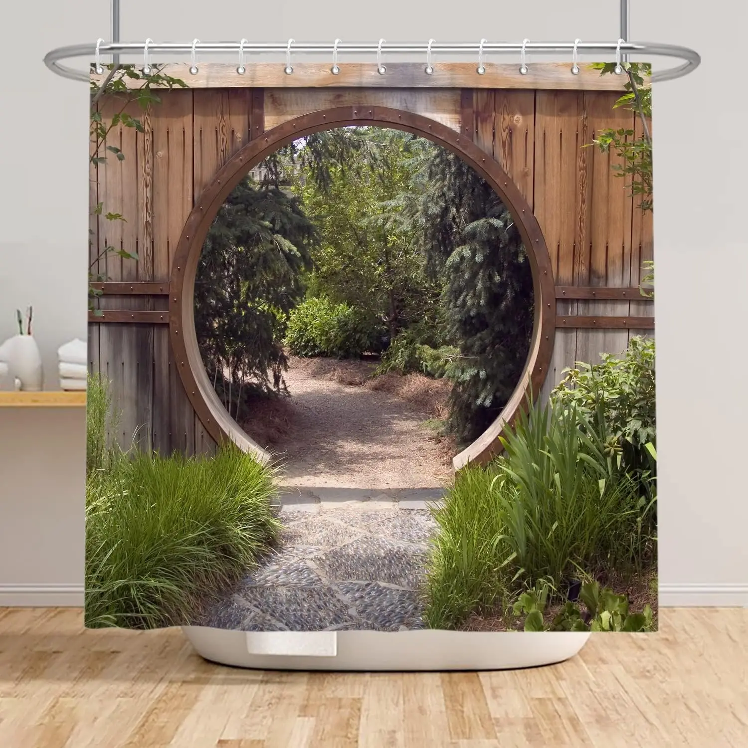 

Натуральная садовая пейзажная занавеска для душа с круглой деревянной дверью в деревенском стиле, зеленые листья ботаники, набор для ванной комнаты в стиле фермерского дома