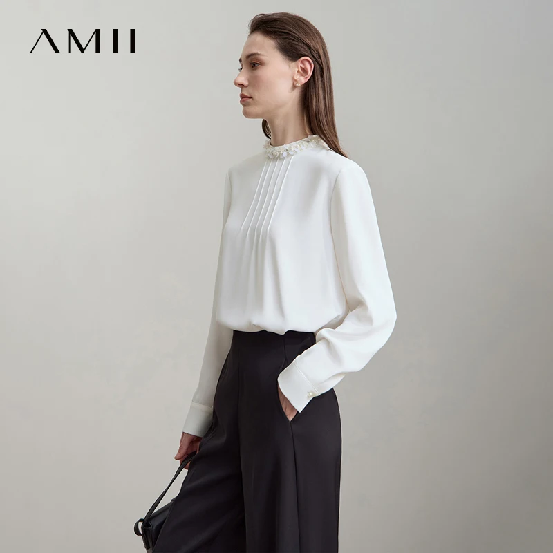 AMII Minimalist White Woman Blouse 2025 Autumn French Elegant Loose Stand Collar Chiffon Blouse Office Lady Shirts 12523053