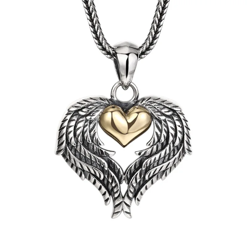 

925 Sterling Silver Wing Heart Pendant Necklace - Vintage Oxidized Gothic Jewelry Gift