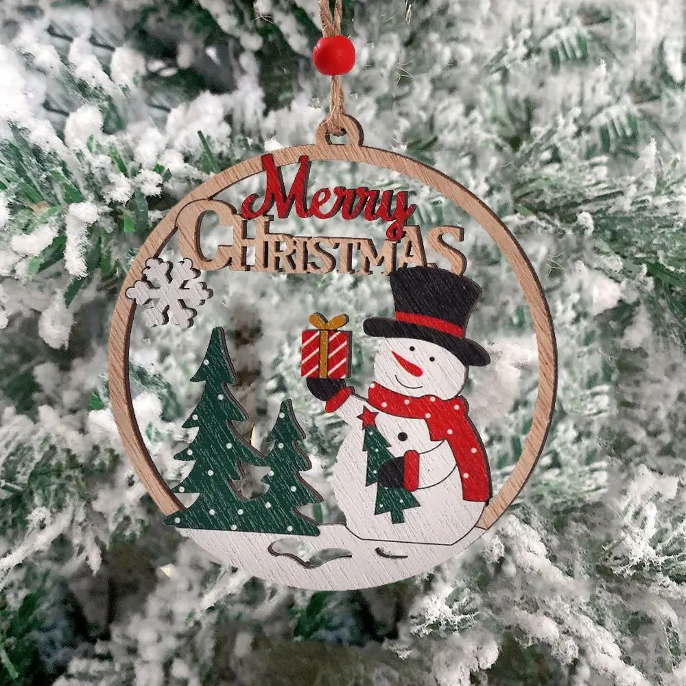 Rustic Wooden Christmas Tree Pendant Snowman/Santa Claus/Elk Round Christmas Ornament Carving Hanging Christmas Decoration Home