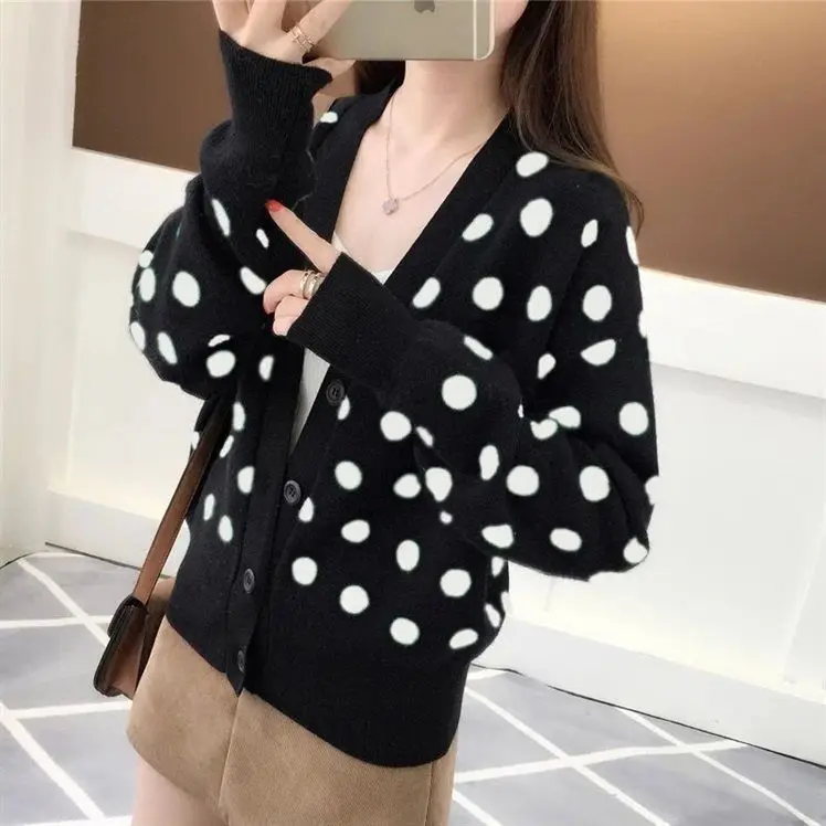 2023 Autumn/Winter New Women\'s Polka Dot Fashion Knitwear Korean Version Slim Fit Sweater Academy Style Short Cardigan Coat