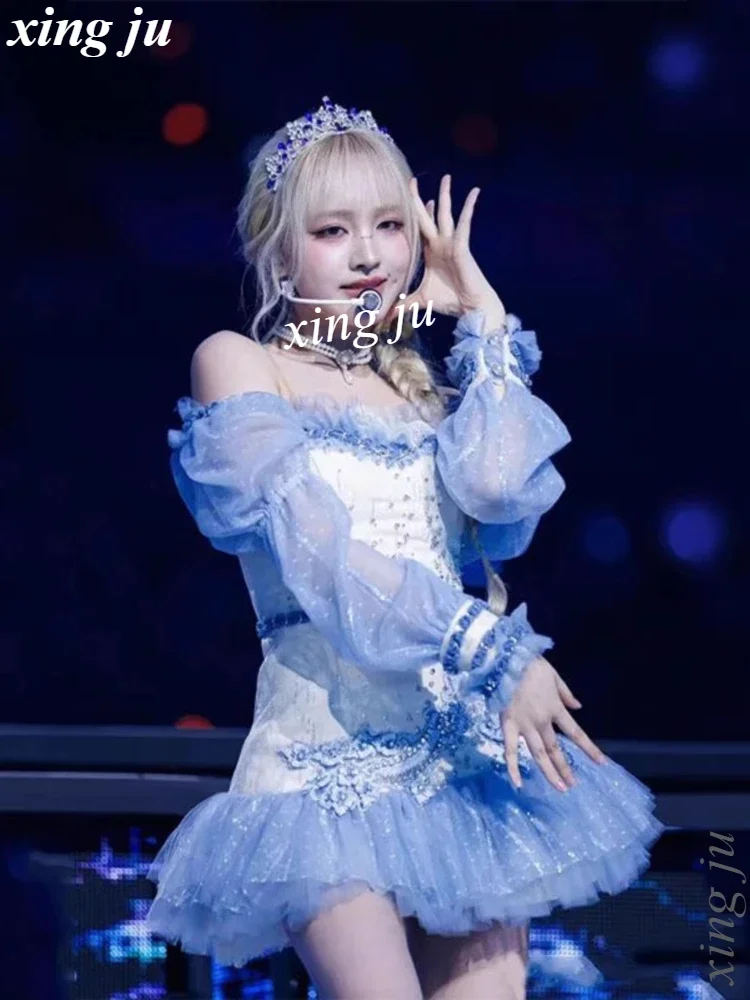 مهرجان المغني الكوري أنيقة خارج الكتف الدانتيل فستان بكم طويل أزياء رقص الجاز النساء Kpop Dj مرحلة الأداء الملابس