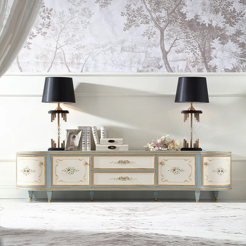 French solid wood painted TV cabinet, living room floor storage decorative cabinet, European court hand-painted