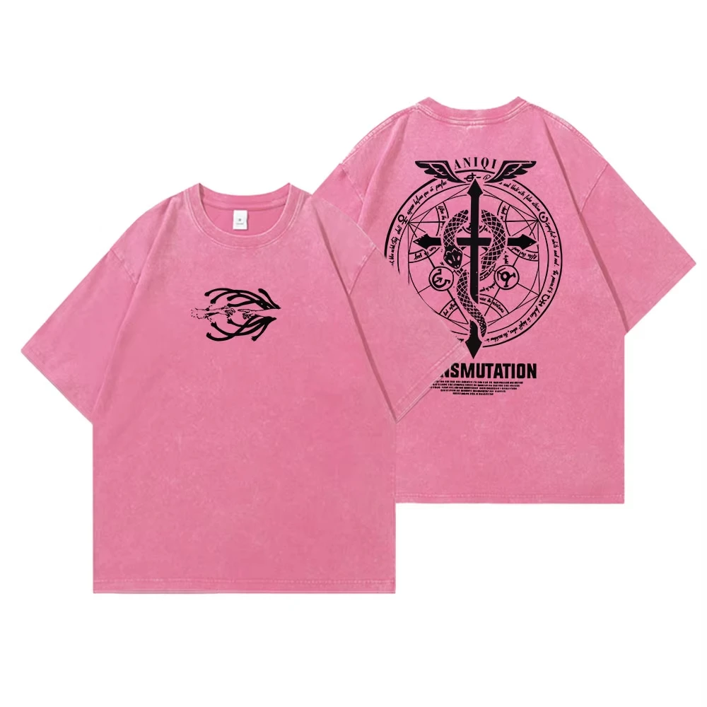 Anime Fullmetal Alchemist Vintage Washed T Shirt Harajuku Oversize Cotton Tshirts Men Tee Cotton Fashion Streetwear Unisex Top