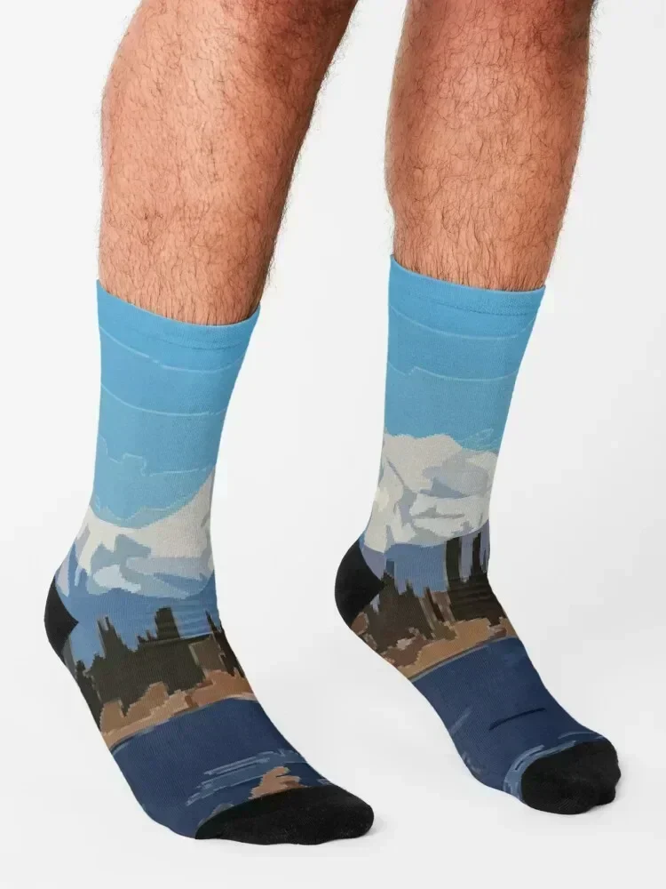 Mount Denali and Lake Vector Painting Socks winter gifts colored cotton set Socks For Girls Men's