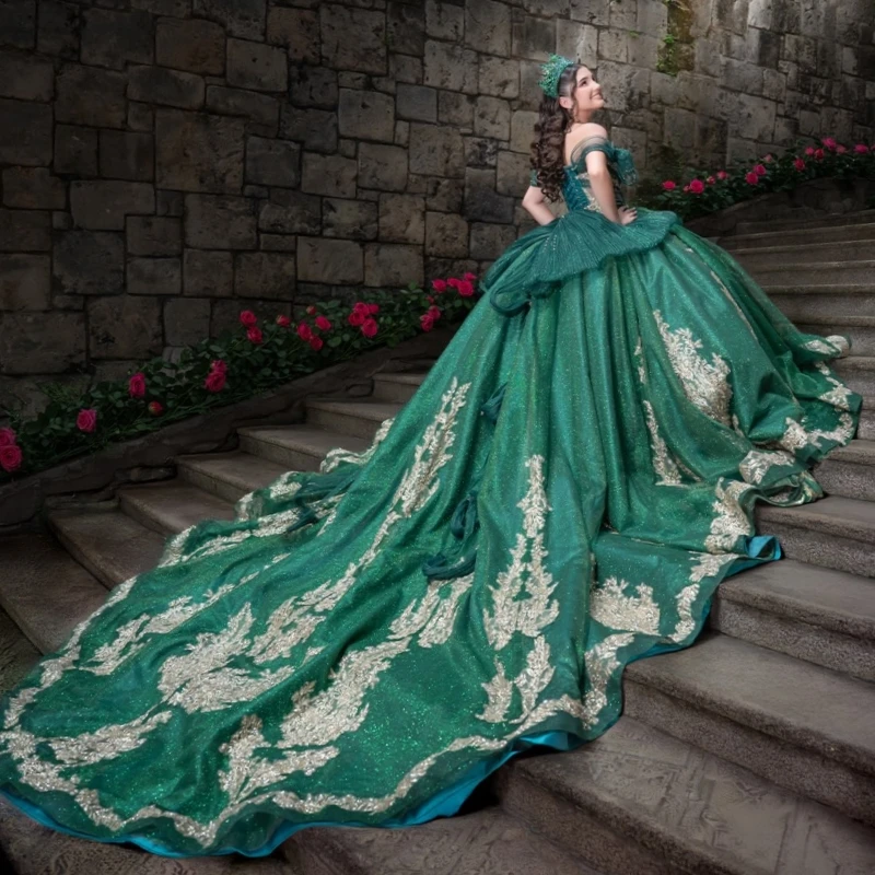 Dark green Glitter Quinceanera Dresses Off Shoulder Ball Gown Sweet 16 Dress Gold Applique Beading Tull Party Birthday Vestidos