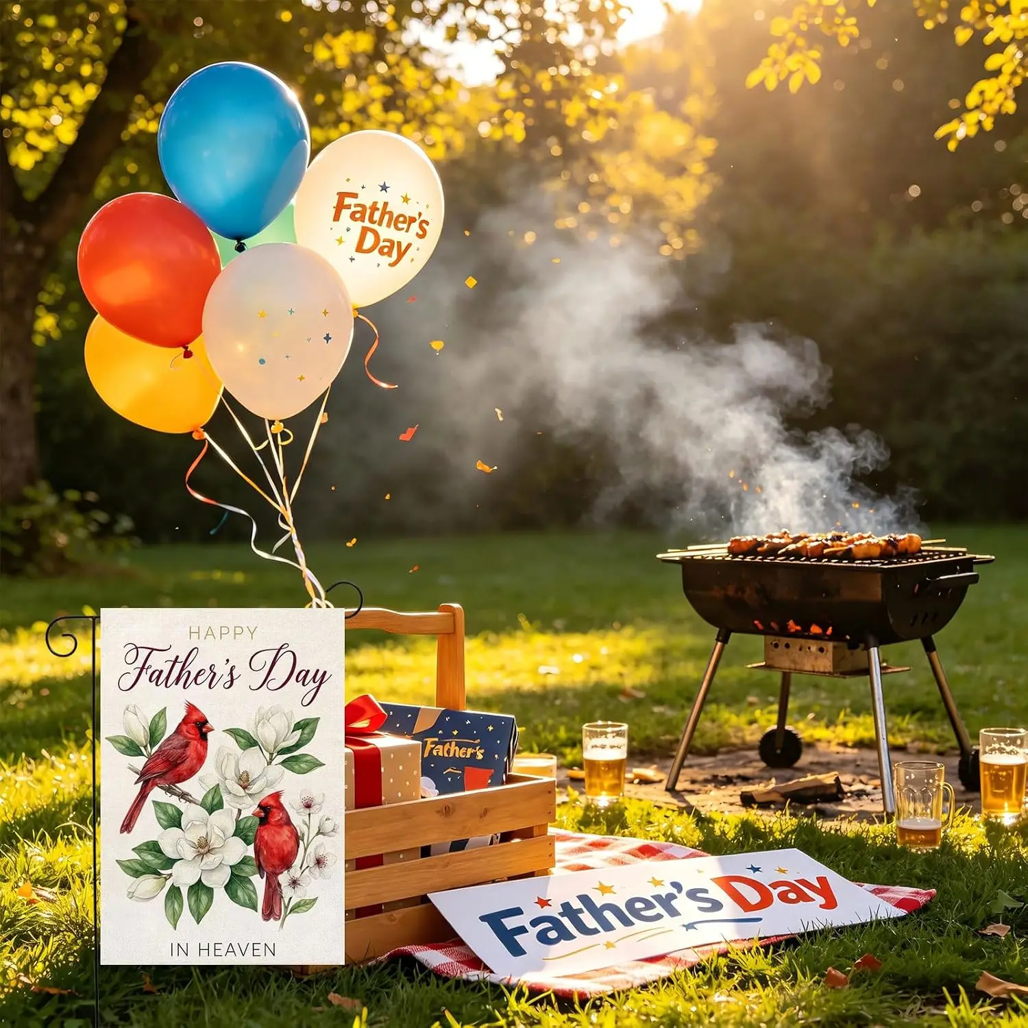 Happy Fathers Day in Heaven Garden Flag Burlap Cardinal Flower Dad Memorial Garden Flag 12x18 Inch Double Sided for Father&# kkz