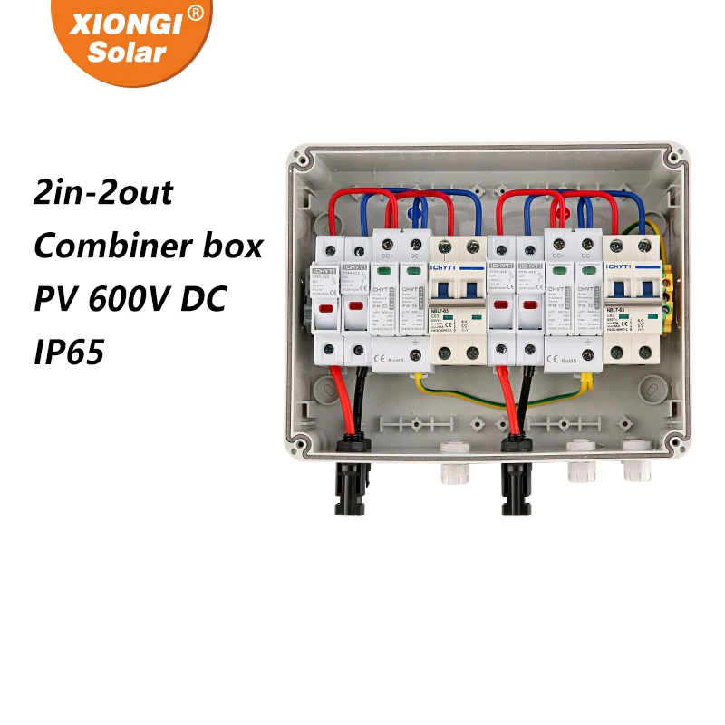 

Solar photovoltaic PV Distribution Box With Lightning Protection 2 input 2 out DC 600V Fuse MCB SPD Waterproof IP65 Combiner Box