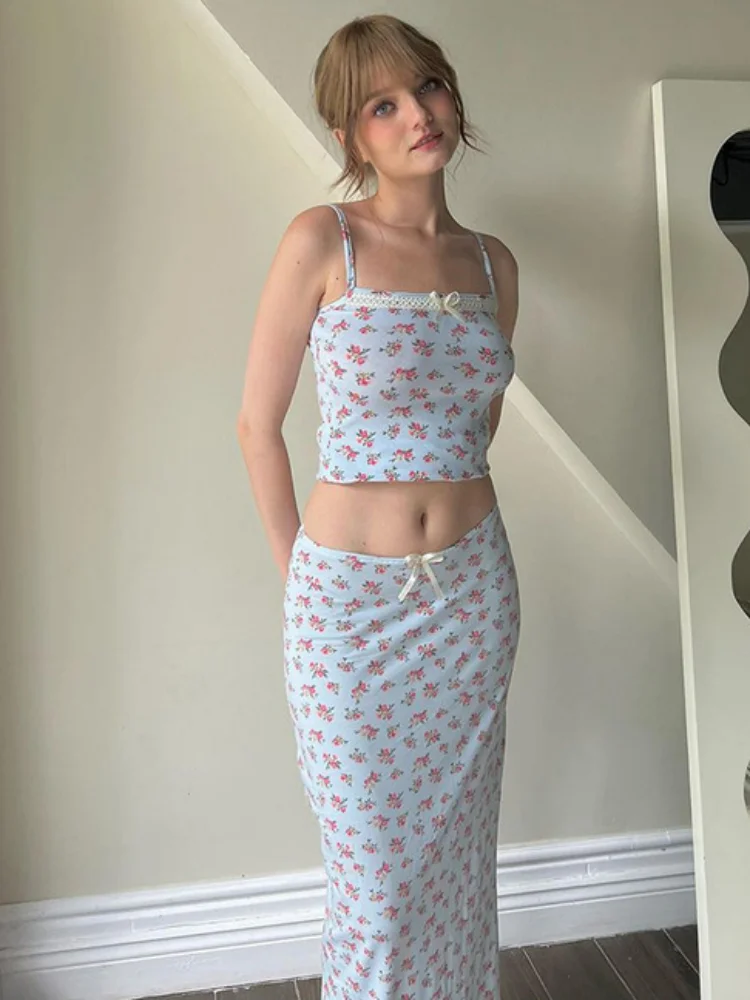 2026 Summer New Women Floral Print Two Piece Set Sweet Fresh Sleeveless Vest & Maxi Skirt Outfit Casual Vacation Fashion Suit