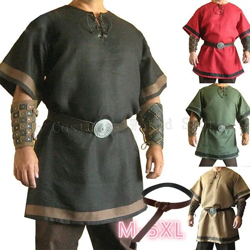 

Viking Warrior Costume Medieval Vintage Renaissance Viking Knight Outfit LARP Costume Adult Men Nordic Army Pirate Tunic Shirt