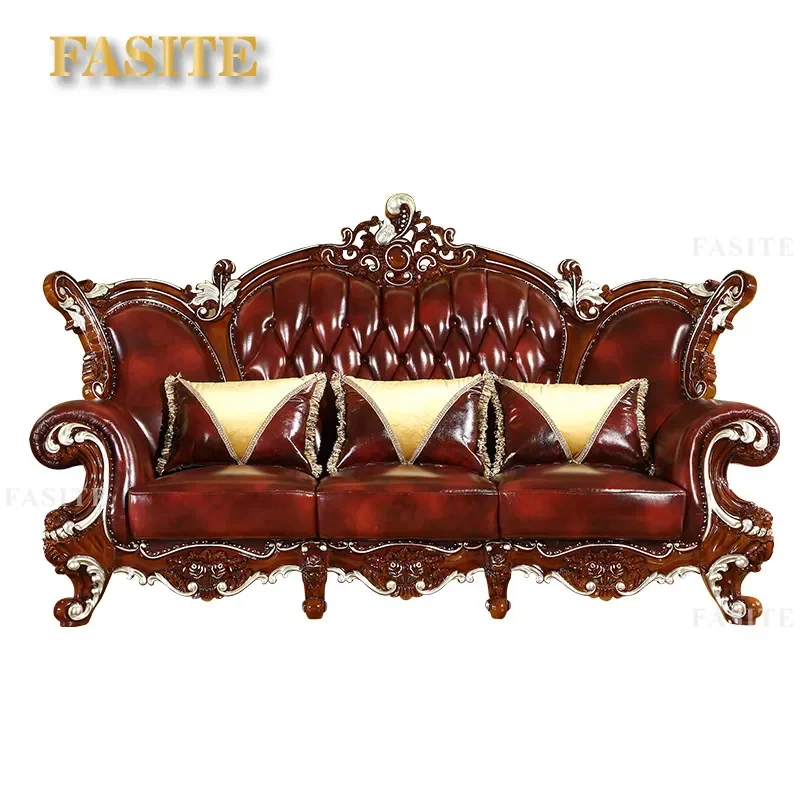 For European Style Villa Reception Area Retro Leather Sofa Light Luxury Household Three Person Large Sofa Combination Living