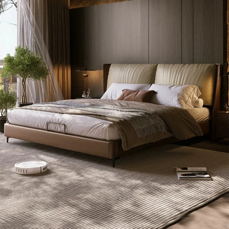 Elephant Ear Genuine Leather Bed, Italian Light Luxury Gas Lift Storage Double Bed 1.8m Master Bedroom Wedding Bed Frame