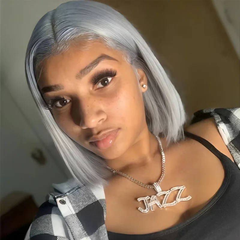

Grey Bob Human Hair Wigs Lace Front Silver Grey 13X4 Lace Frontal Bob Wig Pix Cut Straight Colored Human Hair Wigs 250% Density