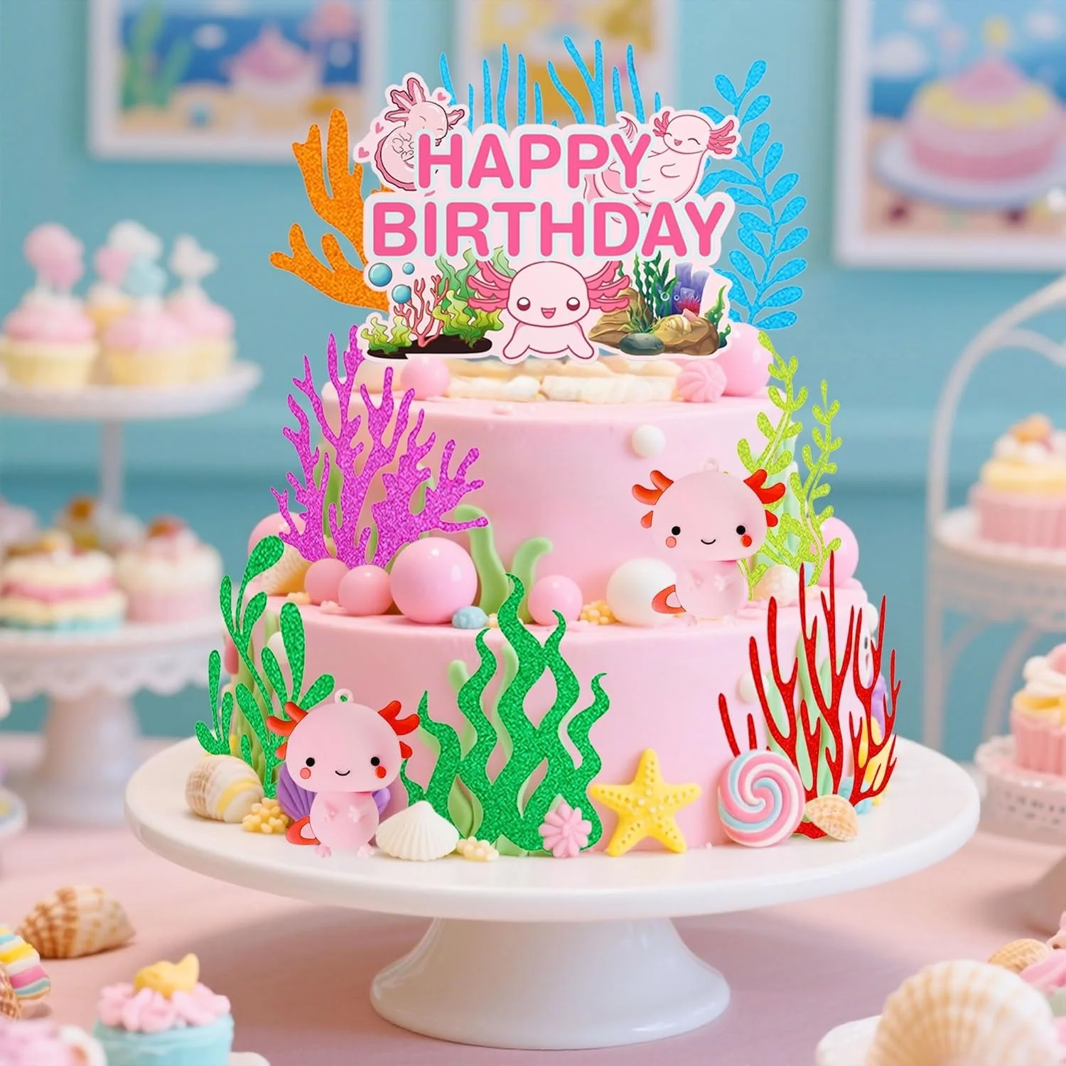 LaVenty Axolotl-Figur Tortendekoration Ozean-Thema Kuchendekoration Niedliche Axolotl-Themen Geburtstagsdekoration Unterwasser-Kuchen – Detail 4