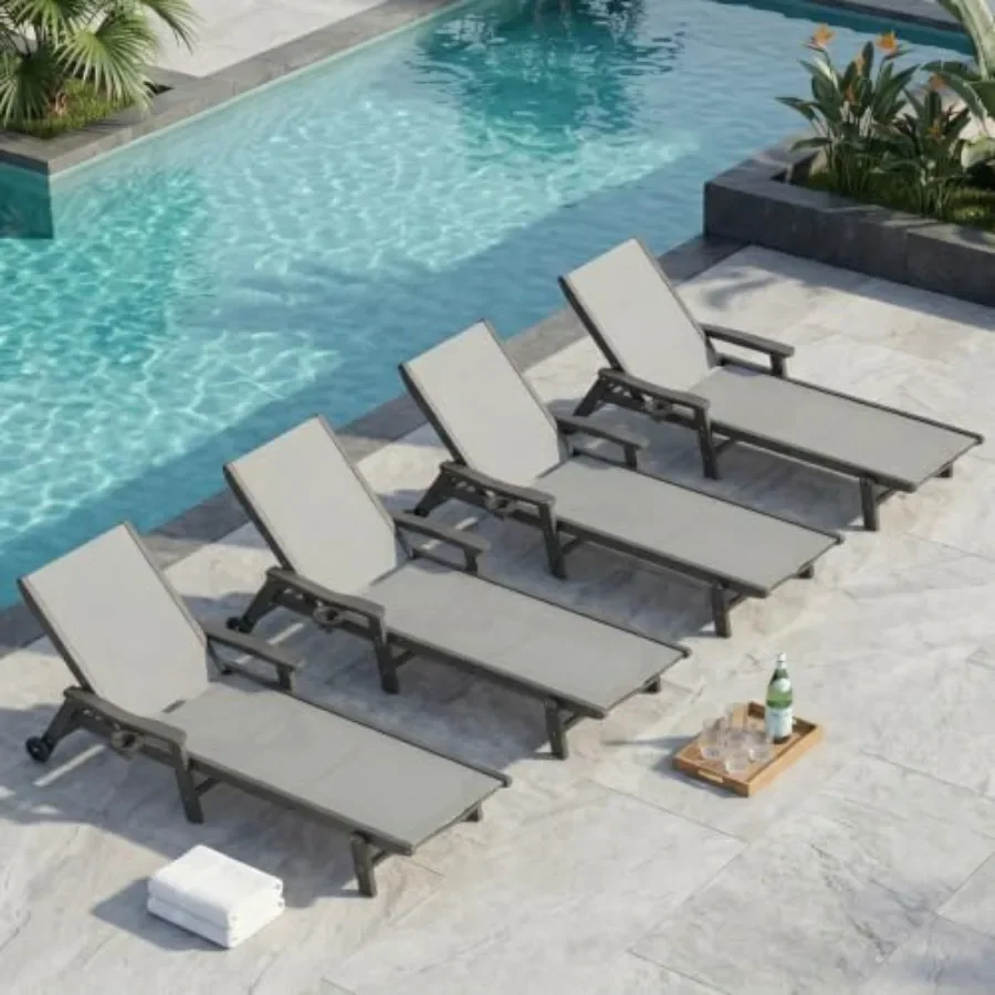 Outdoor HDPE Chaise Lounge Chairs 4-pack, Textilene Fabric, Gray, UV-resistant and Weatherproof for Poolside Use