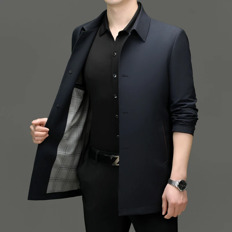 2024 Men\'s Trench Coat in The Long Lapel Business Fashion Handsome Solid Color Casual Coat Korean Version of Young Father Suit