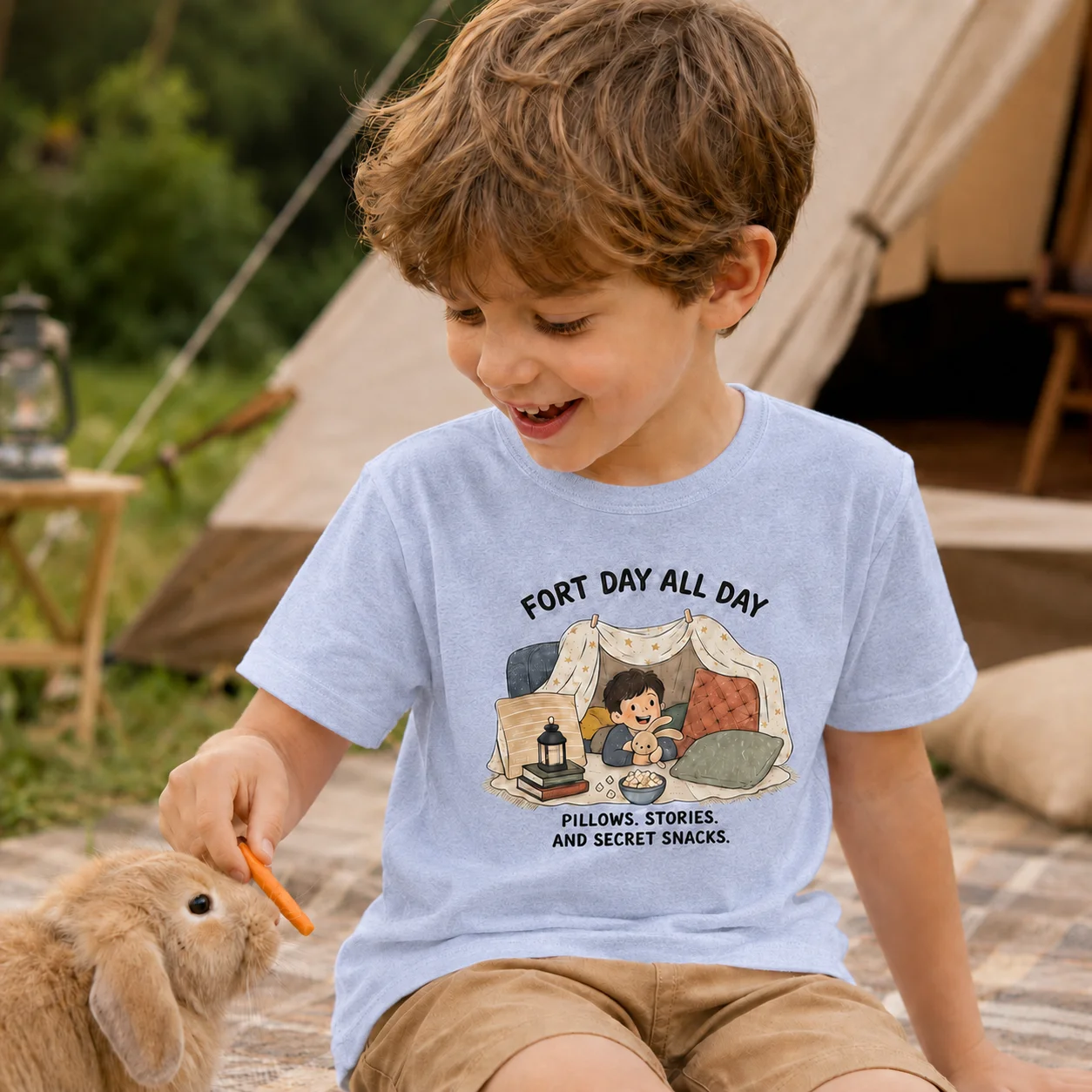 Kids Fort Day All Day Graphic T-Shirt Boys Cartoon Pillow Story Secret Snacks Print Tee Soft Cotton Short Sleeve Summer Casual C