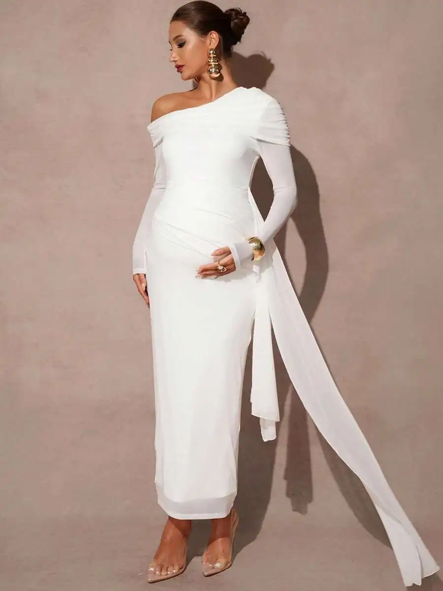 

Maternity Solid Asymmetric Off Shoulder Fitted Dress With Tie Detail