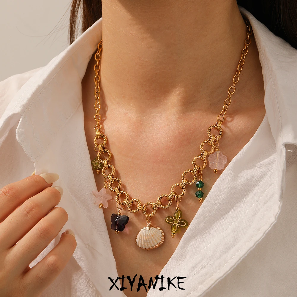 

XIYANIKE 316L Stainless Steel Creative Multi-Color Flower Butterfly Star Shell Pendant Necklace Women Fresh Romantic Neck Chain