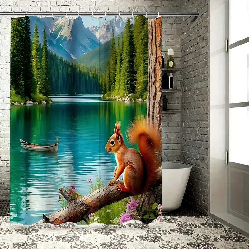 

Очаровательная занавеска для ванной комнаты с изображением белки, вид на лесное озеро, водонепроницаемая тканевая занавеска, подходит для разделения влажной и сухой уборки, повышенного пространства