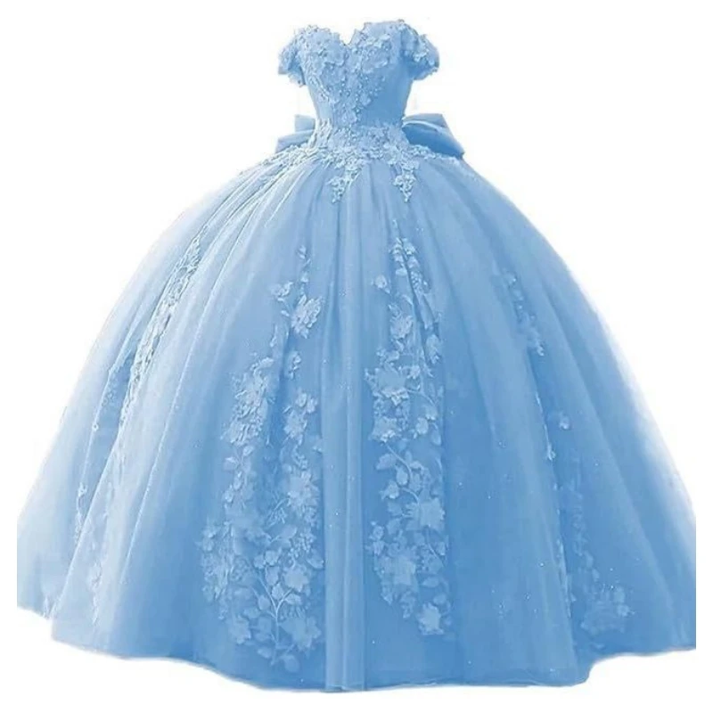 Customized Luxury Princess Girl Quinceanera Dresses Cap Sleeve 3D Flower Applique Bow Ball Gown Prom Party Dress Dancing Wear