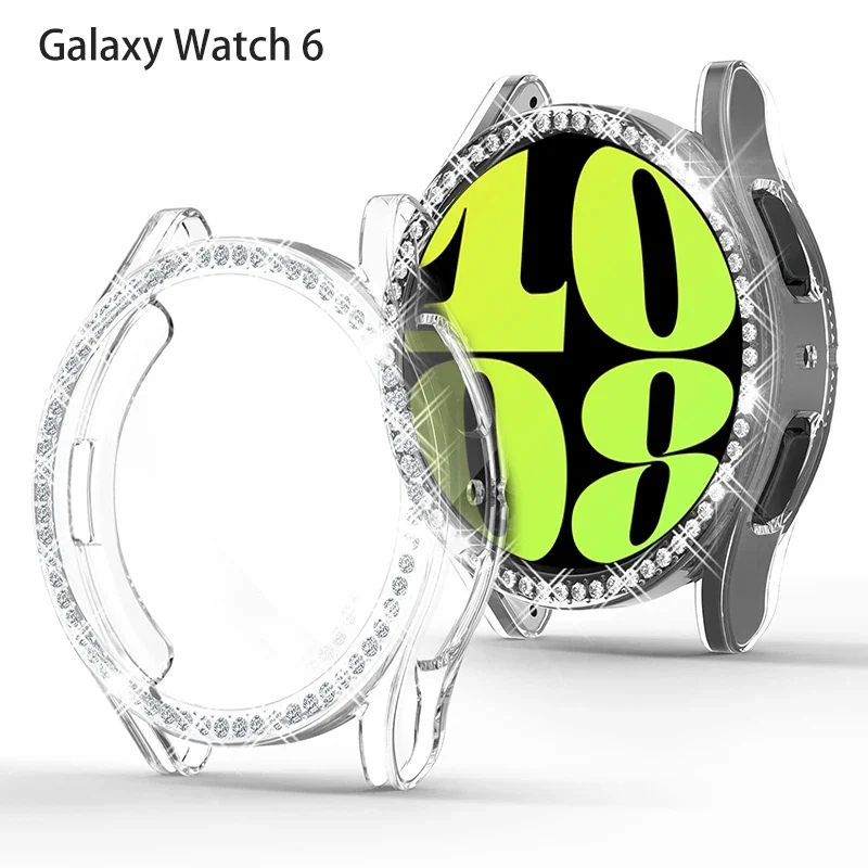 Protective Case for Samsung Galaxy Watch 6 40mm 44mm Watch Case PC Single Row Diamond Encrusted Protective Case Black Silver