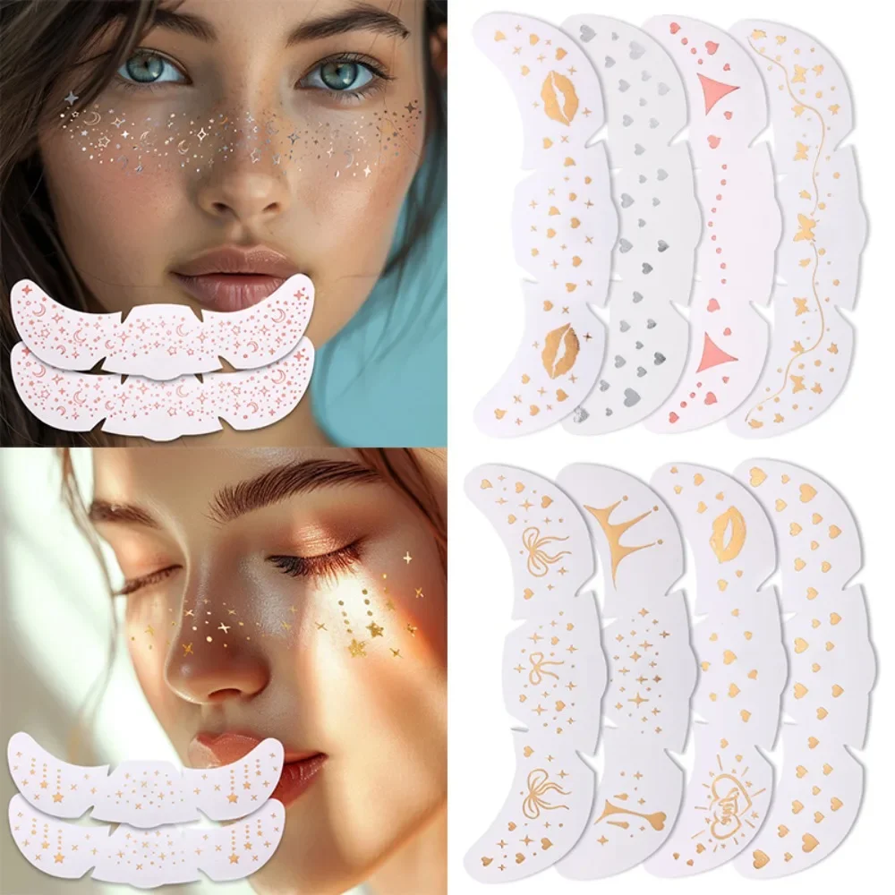 6Pcs/Set Glitter Skincare Freckles Face Tattoo Sparkle Temporary Tattoo Bow Love Kiss Makeup Patch Valentine's Day Face Tattoo