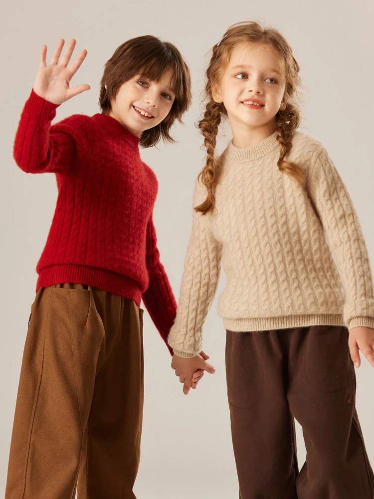 

Kids Cashmere Sweater Twist Flower Pullover Boy Girl Mock Neck Thicken Top Autumn Winter Children 100% Cashmere Knitwear Clothes