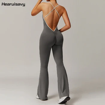 Hearuisavy V-rug jumpsuit dames sport eendelig pak yogakleding rugloze sportkleding dames mouwloze workout overall dames