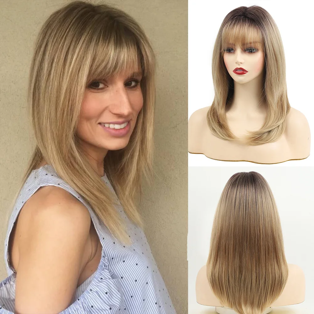 

New European and American wigs Women's long straight hair Golden brown gradual change Bobo head Chemical fiber wig Headgear