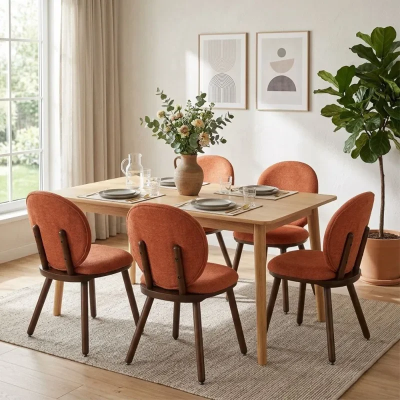 Round Fabric Upholstered Dining Chair Solid Slant Wood Leg Padded Cushion Simple Leisure Side Chair For Kitchen Bedroom