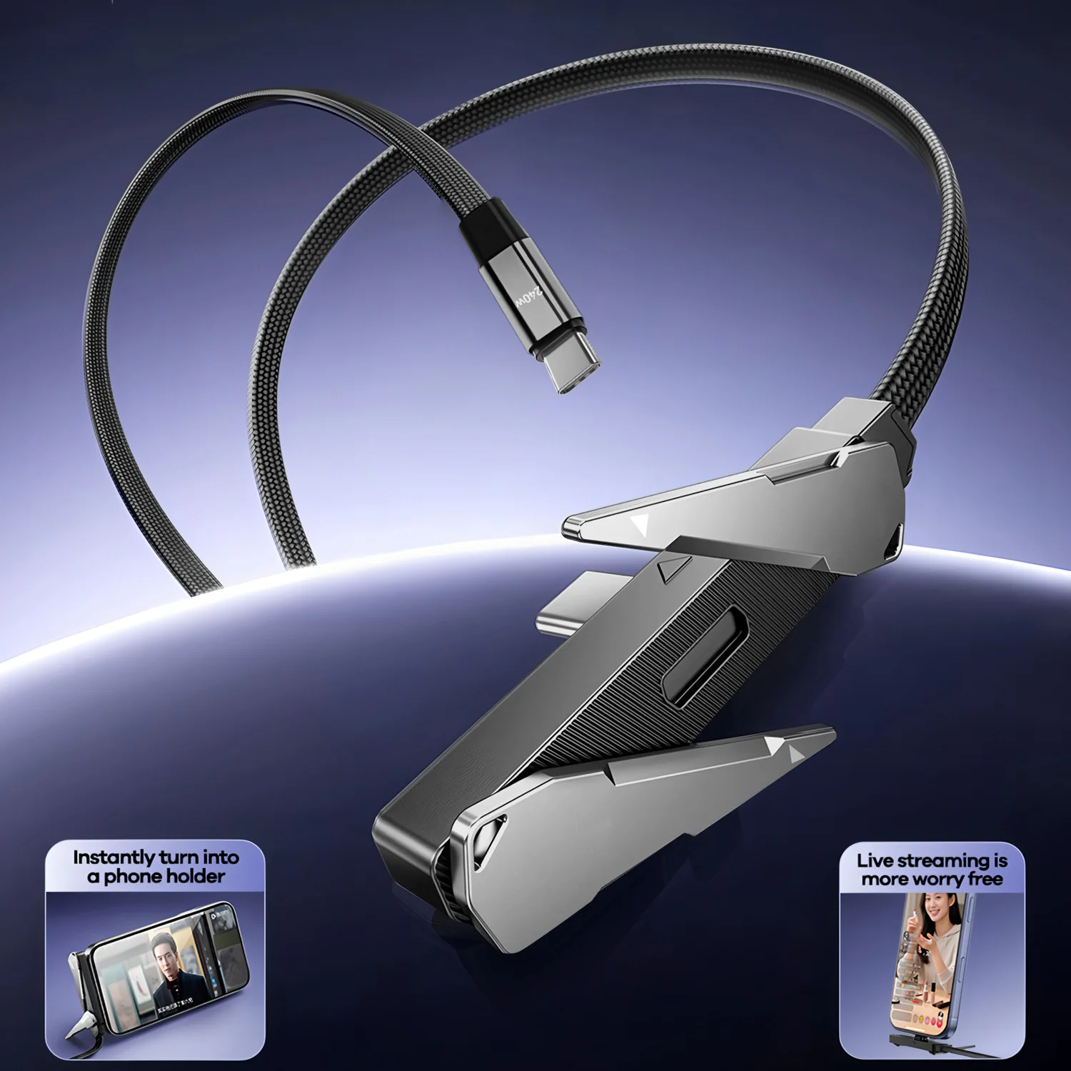 2-IN-1 Foldable Stand USB-C Cable Fast Charging Data Cord PD Smartphone Holder Charger Cable Type-C To Type-C Interface