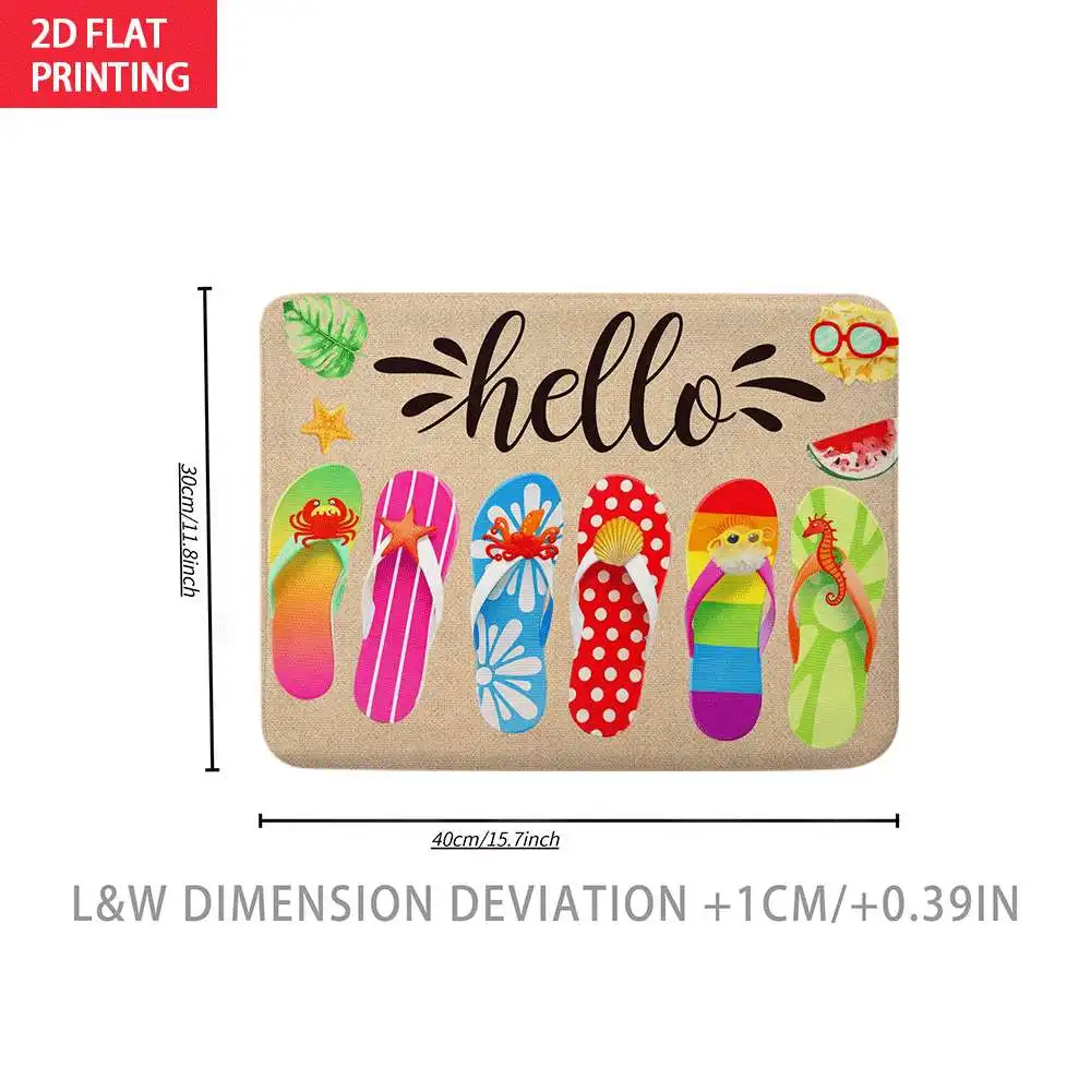 2D Flat Colorful Flip Flops Hello Summer Flannel Bath Mat Non Slip Beach Theme Rug For Bathroom Shower Floor