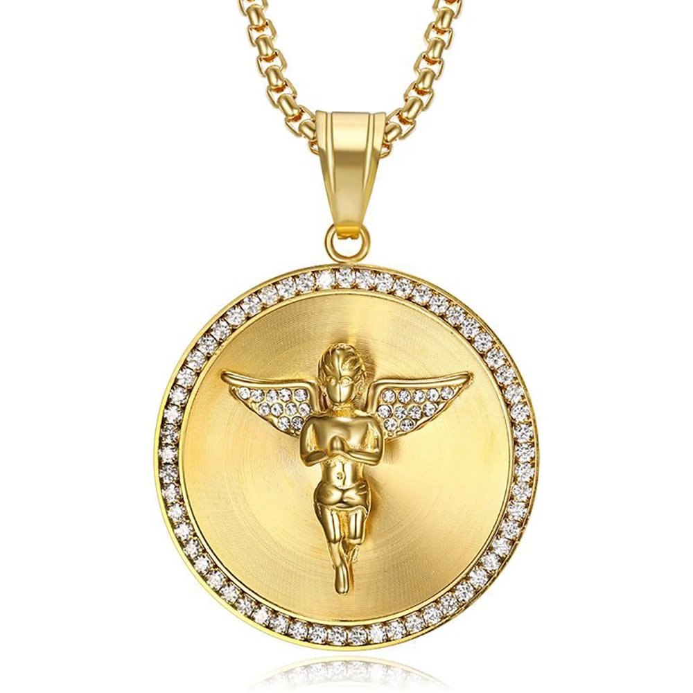 Hip Hop Iced Out Big Angel Pendant Male Gold Color Stainless Steel Round Necklace for Men Punk Fashion Jewelry Birthday Gift