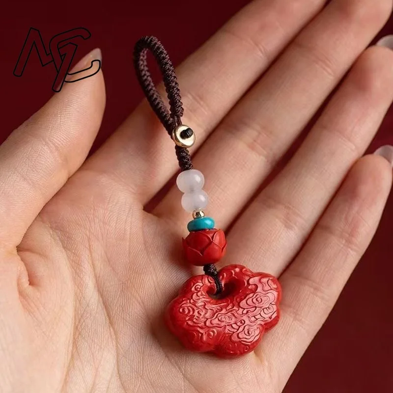 Luxury Red Cinnabar Lucky Bag Key Buckle Auspicious Clouds Lock Pendant Genuine Jewelry Accessories Energy Gift Best Seller