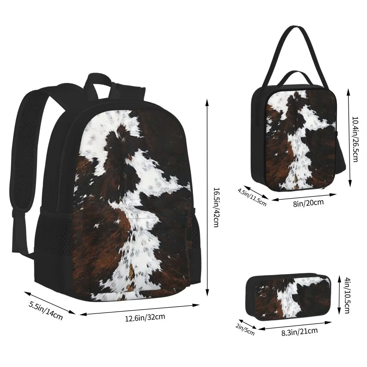 Stylish CowFurCowhide Texture Cow Skin PrintPatter BackpacksChildren School Bags Kids Rucksack Lunch Bag Pen Bag Three-Piece Set