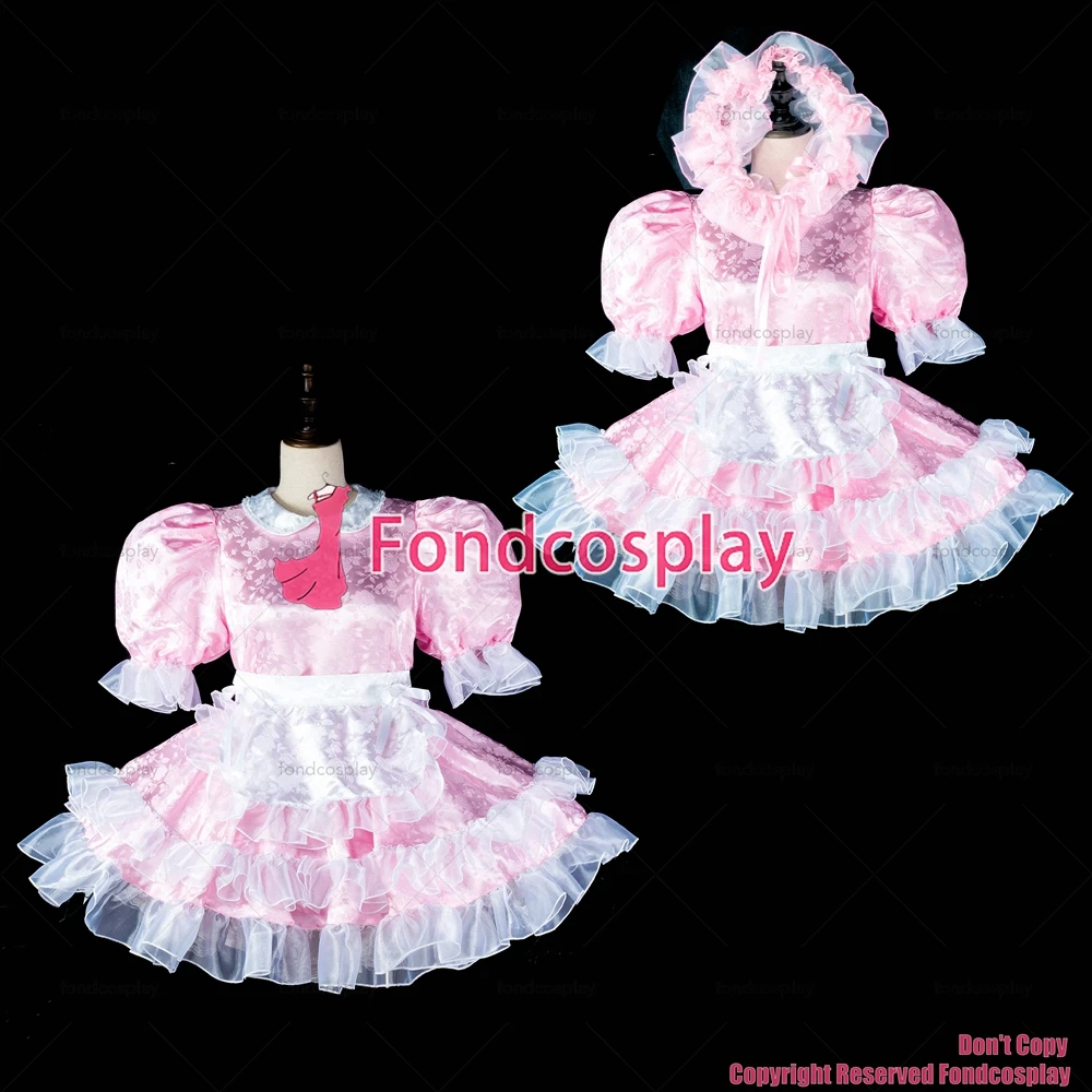 

fondcosplay adult sexy cross dressing sissy maid baby pink satin dress lockable Uniform white aporn headpiece CD/TV[G2407]