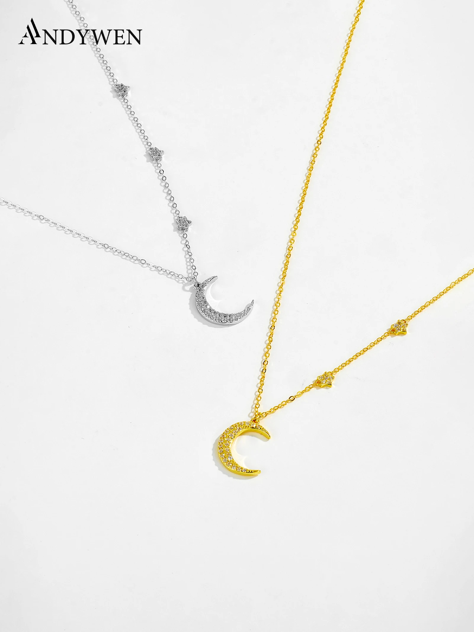 ANDYWEN Stern-Mond-Halskette aus 925er Silber, CZ-Halbmond-Anhänger mit Sternakzenten, Schmuck-Geschenkbox für Frauen, vielseitige Alltagskleidung