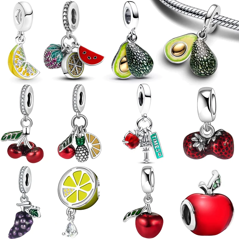 Cuentas DIY de plata 925, aguacate, rojo, fresa, manzana, cereza, uva púrpura, fruta, compatibles con pulseras de dijes Pantaro originales, joyería