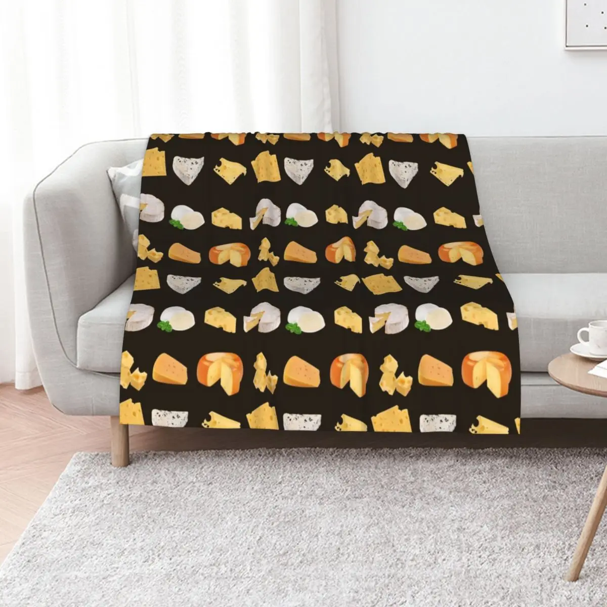Manta de Pelo Polar con Diseño 3D de Quesos Variados: Mozzarella, Suizo, Cheddar, Camembert, Emmental, Gouda, Gorgonzola