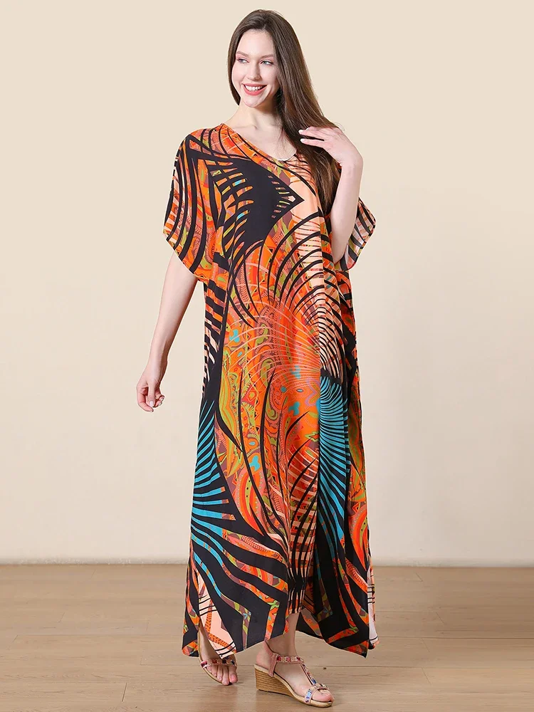 2025 nuevo vestido playero para mujer, vestido largo estampado elegante de talla grande para playa, traje de baño a la moda para verano, ropa de playa para cubrir vacaciones