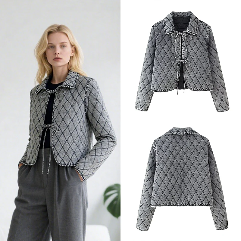 

2025 New Womens Jacket Lace Up Design Quilted Jacket Trafizaran Autumn Winter Casual Street Style Slightly Cooler Weather Wear