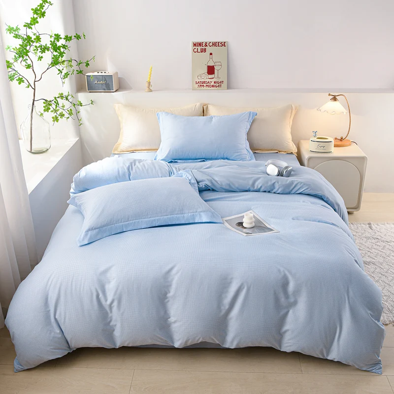4Pcs Light Blue Waffle Bedding Set Soft Textured Duvet Cover Bed Sheets Pillowcases Solid Color Ins Style Home Bedroom Decor