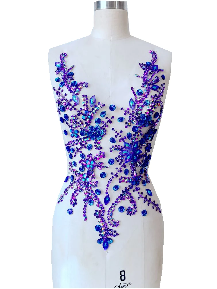 handmade  crystal patches sew on purple rhinestones applique on mesh trim for dress front and back