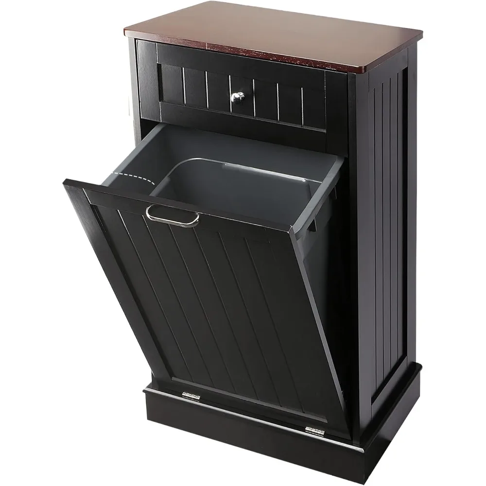 Tilting trash cabinet, solid wood desktop and drawers, pet-proof trash can